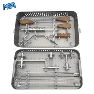 Complete self-locking intramedullary nail surgical kit in two-layer stainless steel sterilizer trays, including reamers, hexagonal wrenches, nailer, and hit pull instrument