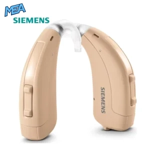 Siemens Rexton Arena beige behind-the-ear hearing aid with dual volume/program buttons and clear sound tube