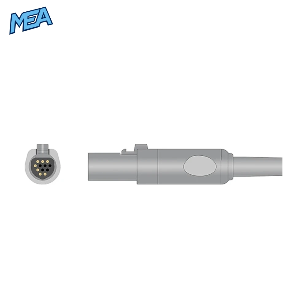 Spacelabs 015-0130-01 Adult Hard Shell SpO2 Sensor 3.0m (Novametrix Technology Reusable New) 2 Monitor connector of the Spacelabs 015-0130-01 adult SpO2 sensor, front and side view