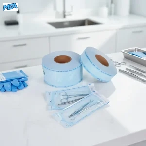 Sterilization pouch roll with sealed dental instruments in a clinic