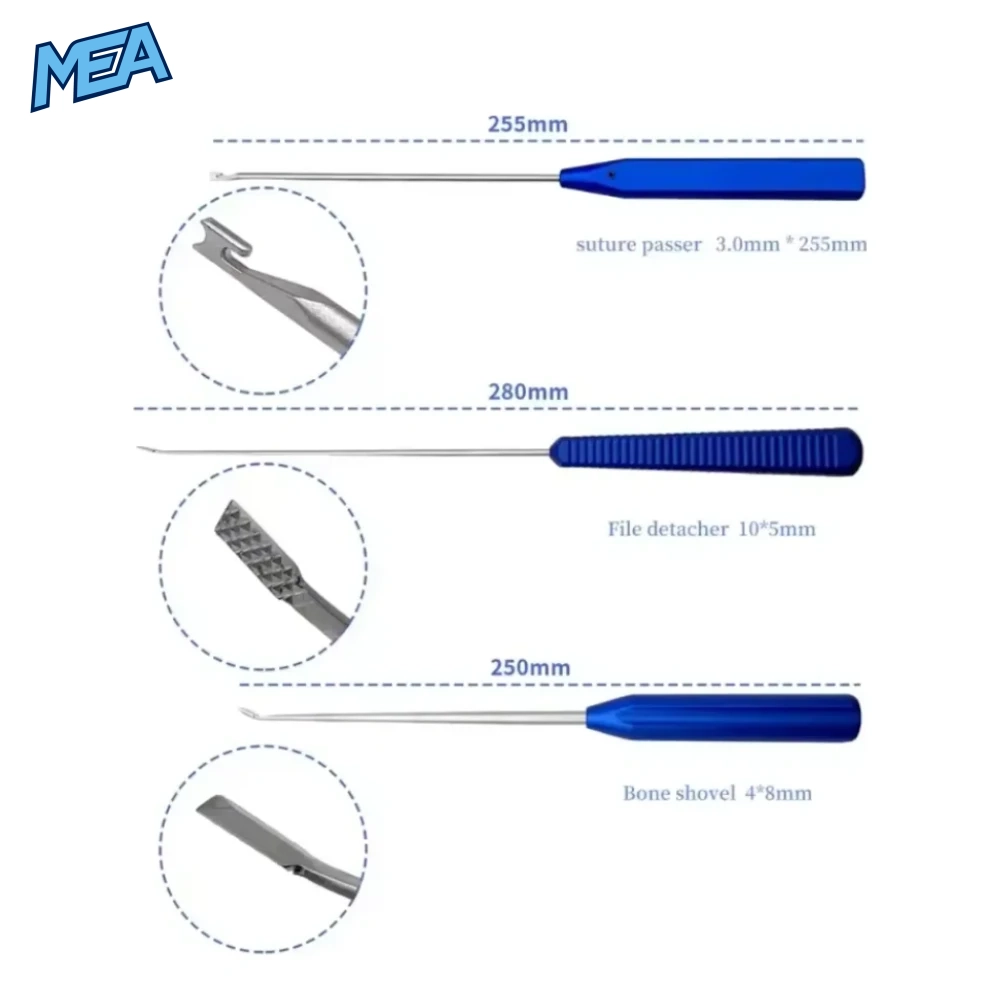 Orthopedic Shoulder Joint Surgery Instrument Set Rotator Cuff Suture Hook Joint Ligament Repair Arthroscopy Tools 6 Veterinary suture passer 255mm, file detacher 280mm and bone shovel 250mm with tip specifications