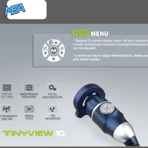 TinyView 10 endoscope camera control buttons and feature icons including Sony IMX sensor, manual focus, and IP8X waterproof rating