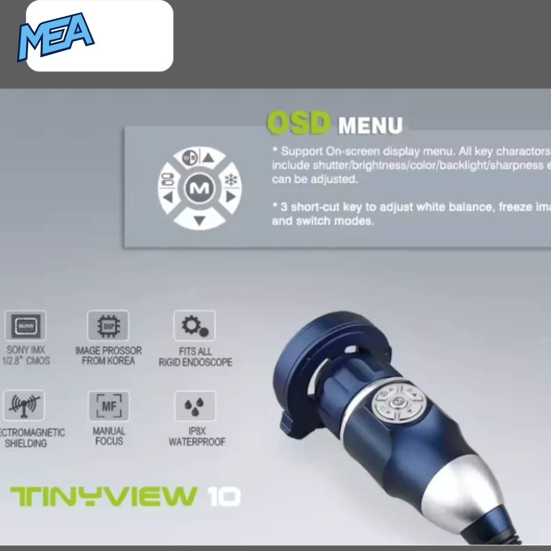 TINYVIEW 10 Portable 1080P Endoscope Camera HDMI/USB 2 TinyView 10 endoscope camera control buttons and feature icons including Sony IMX sensor, manual focus, and IP8X waterproof rating