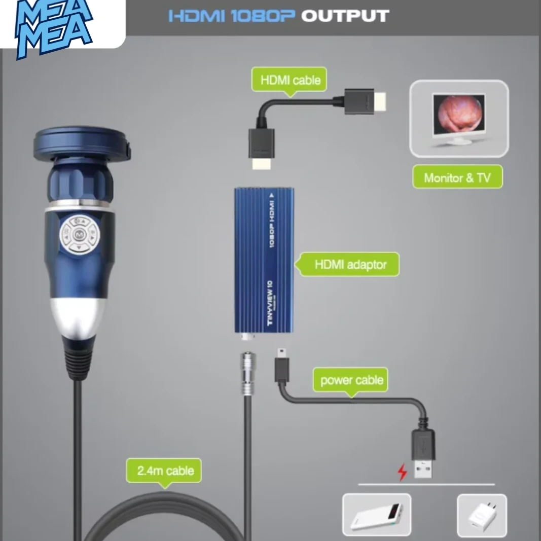 TINYVIEW 10 Portable 1080P Endoscope Camera HDMI/USB 1 TinyView 10 rigid endoscope camera with HDMI 1080P adaptor connection diagram showing monitor, power bank, and 5V adaptor setup