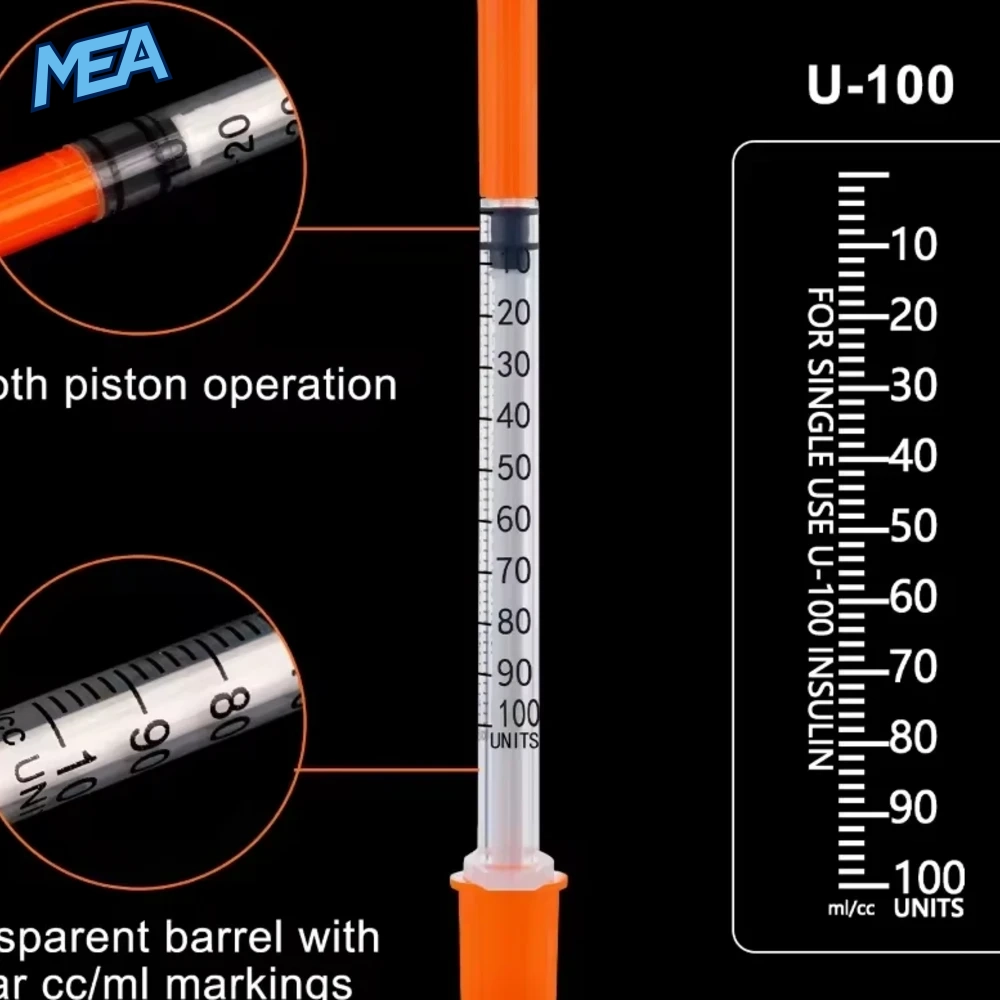 Insulin Syringes With Needle 0.3ml / 0.5ml / 1ml U-100 29G–31G Sterile Disposable (Pack of 500) 6 U-100 insulin syringe scale markings on a transparent barrel with smooth plunger