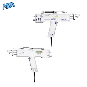 U225 Mesotherapy Gun intradermal needle injector top and side view showing dose display, needle depth adjuster, and syringe holder