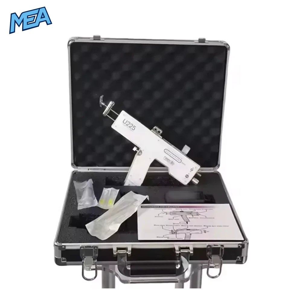 U225 PRP Mesotherapy Gun Skin Scalp Face Rejuvenation Injector 4 U225 mesotherapy gun kit in an aluminum carry case with foam insert, needles, accessories, and instruction manual