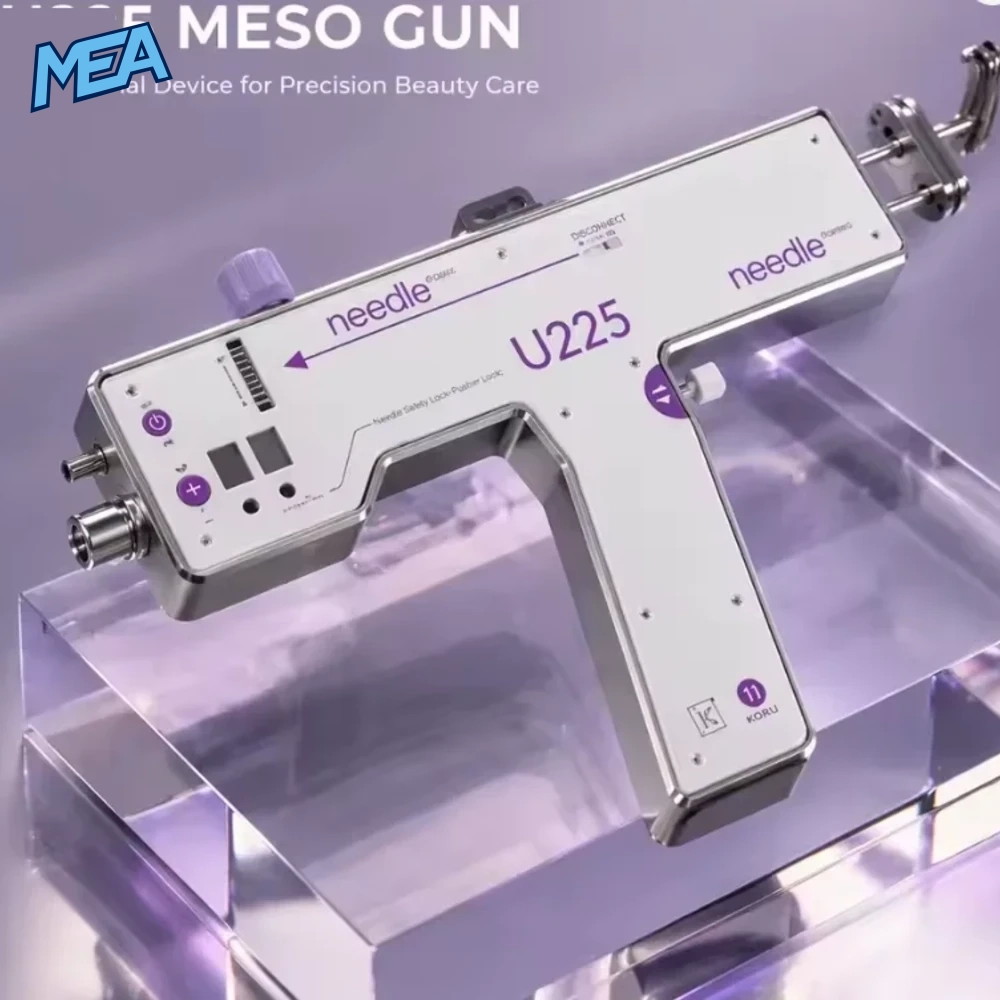 U225 PRP Mesotherapy Gun Skin Scalp Face Rejuvenation Injector 10 U225 professional mesotherapy gun with needle safety lock and purple control buttons on a clear acrylic display block