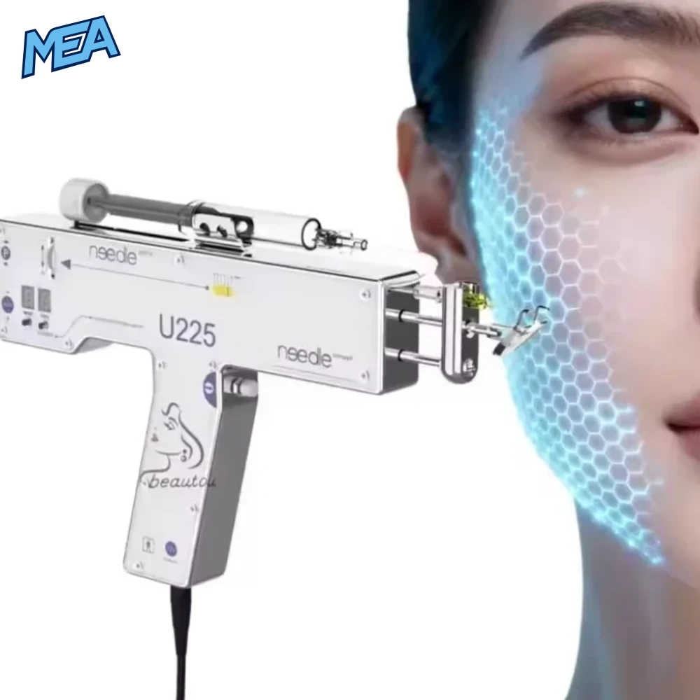 U225 PRP Mesotherapy Gun Skin Scalp Face Rejuvenation Injector 8 U225 mesotherapy injector with syringe mounted, shown at a client’s cheek for facial skin rejuvenation