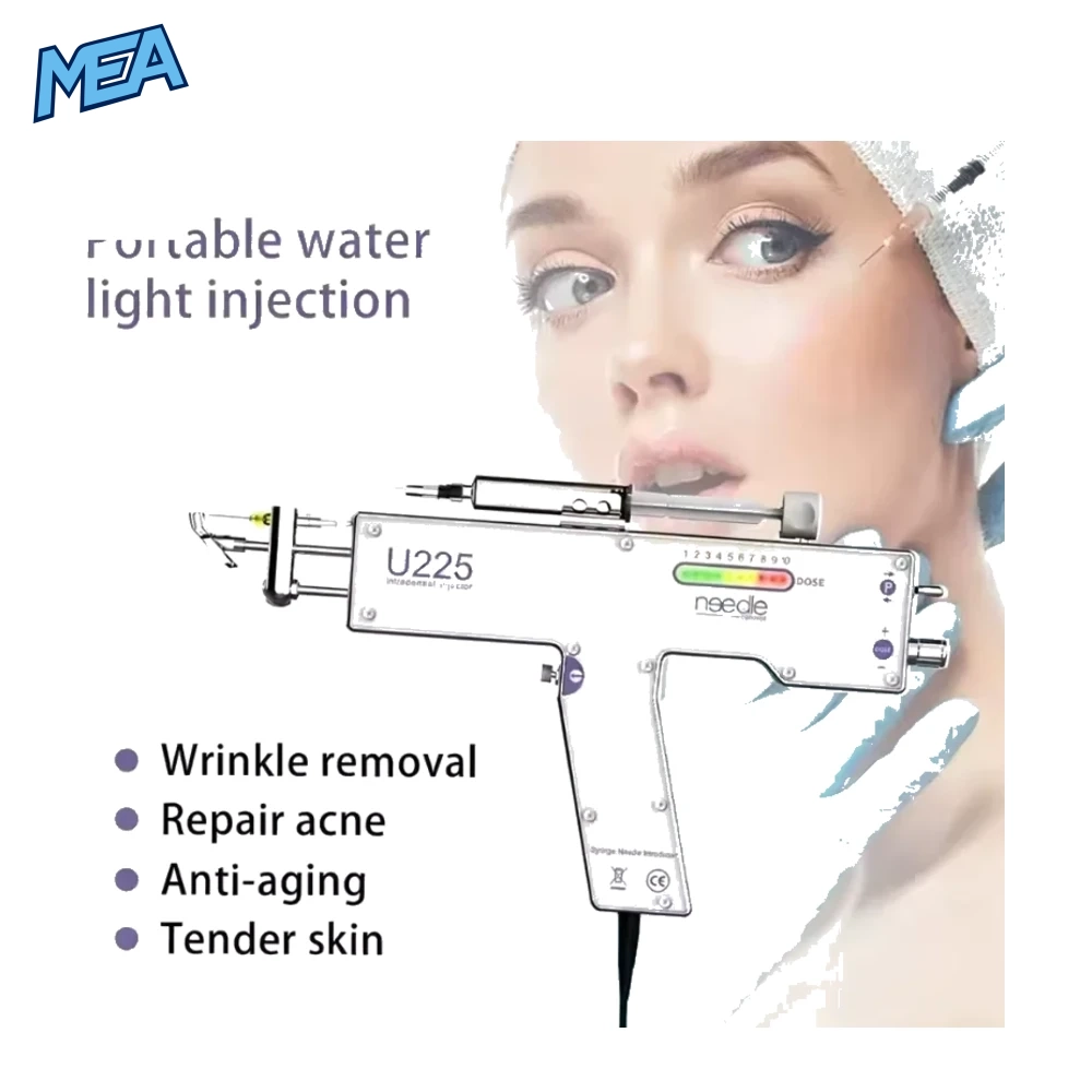 U225 PRP Mesotherapy Gun Skin Scalp Face Rejuvenation Injector 6 Portable U225 water light injection device with 1–10 dose indicator used by a practitioner in a facial treatment