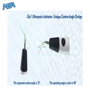 iUe1 ultrasonic root canal activator handpiece showing the ergonomic 12-degree contra-angle and working tip operating angle