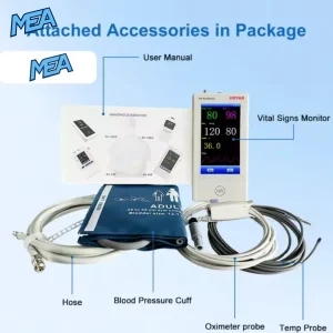 vital signs monitor package contents including user manual, blood pressure cuff, hose, oximeter probe and temperature probe
