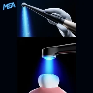 Dental dentist using Woodpecker O-Star curing light for resin filling and orthodontic bracket bonding